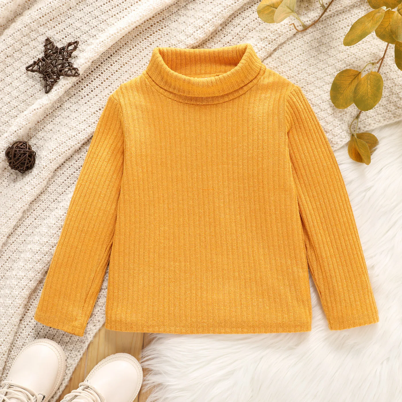 Toddler Girl Turtleneck Ribbed Solid Color Long-sleeve Tee for Spring and Autumn Ginger big image 1