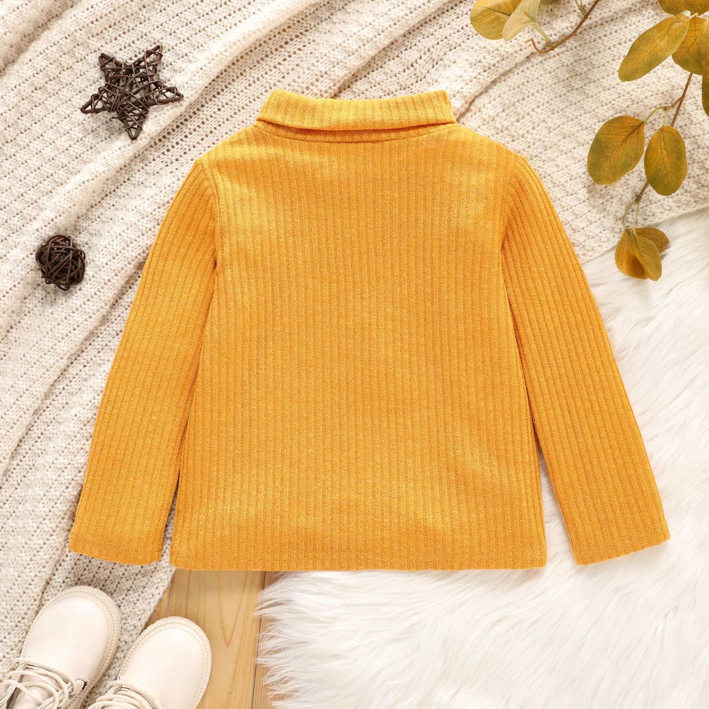 Toddler Girl Turtleneck Ribbed Solid Color Long-sleeve Tee for Spring and Autumn Ginger image 3