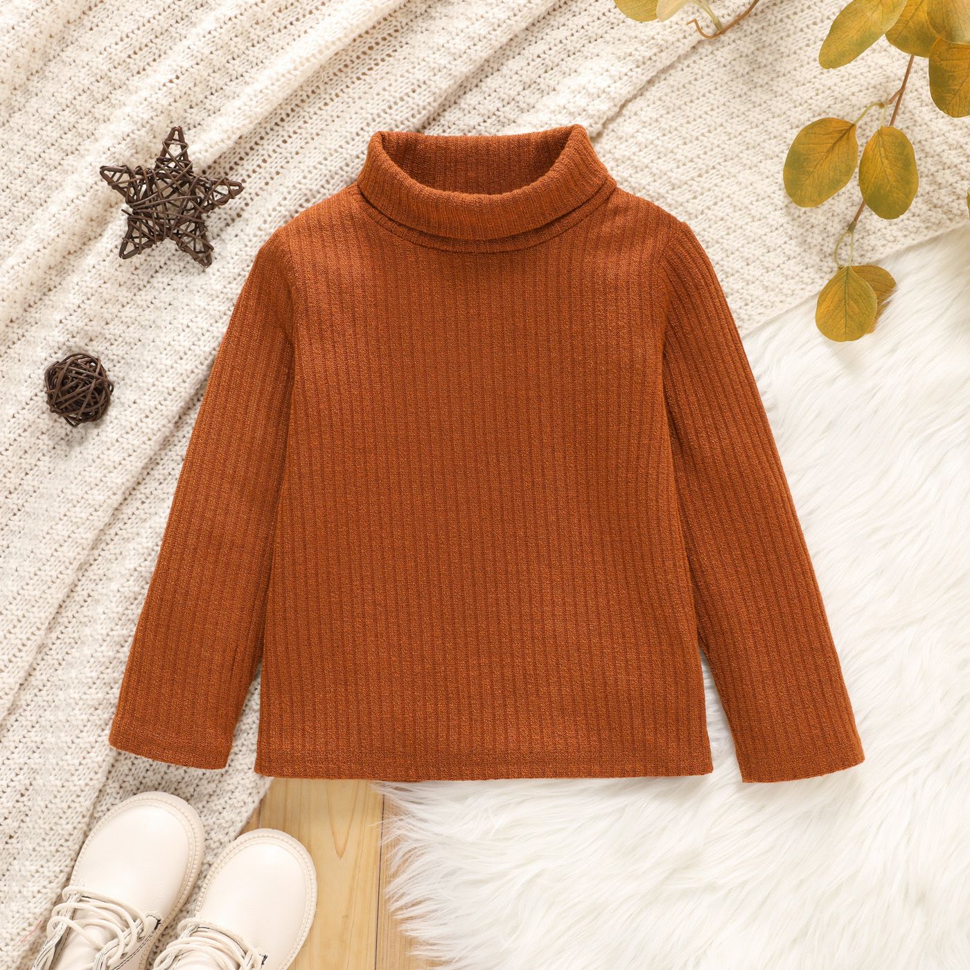 Toddler Girl Turtleneck Ribbed Solid Color Long-sleeve Tee For Spring And Autumn