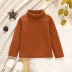 Toddler Girl Turtleneck Ribbed Solid Color Long-sleeve Tee for Spring and Autumn Brown