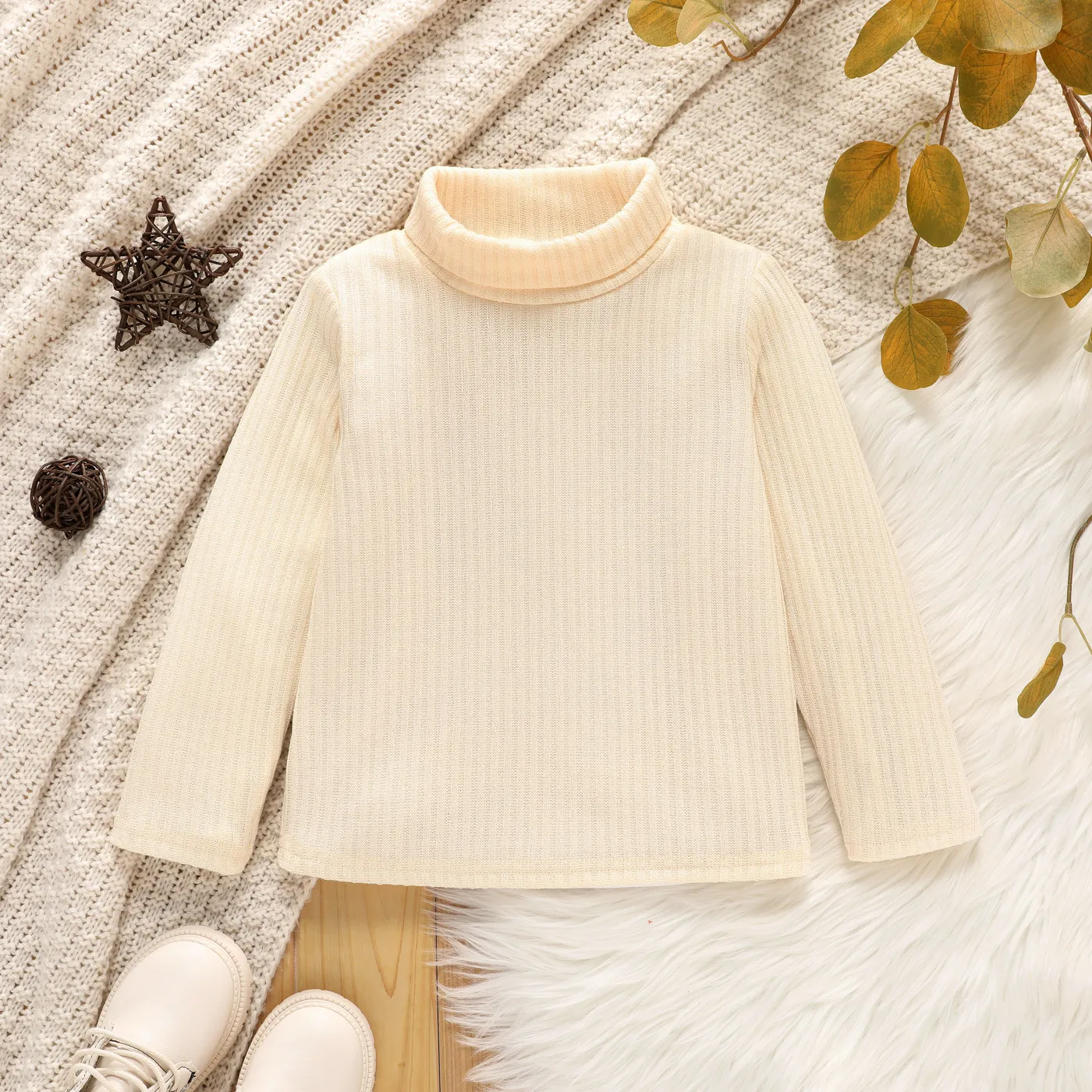Toddler Girl Turtleneck Ribbed Solid Color Long-sleeve Tee for Spring and Autumn Beige