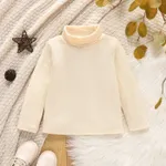 Toddler Girl Turtleneck Ribbed Solid Color Long-sleeve Tee for Spring and Autumn Beige