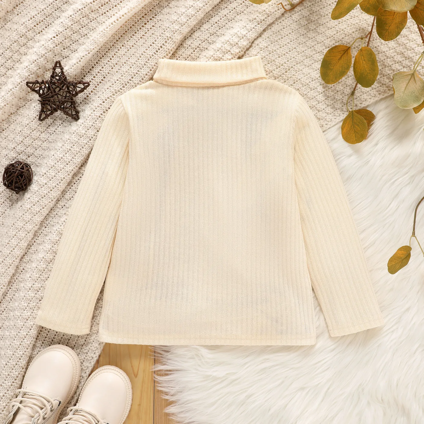 Toddler Girl Turtleneck Ribbed Solid Color Long-sleeve Tee for Spring and Autumn  image 2