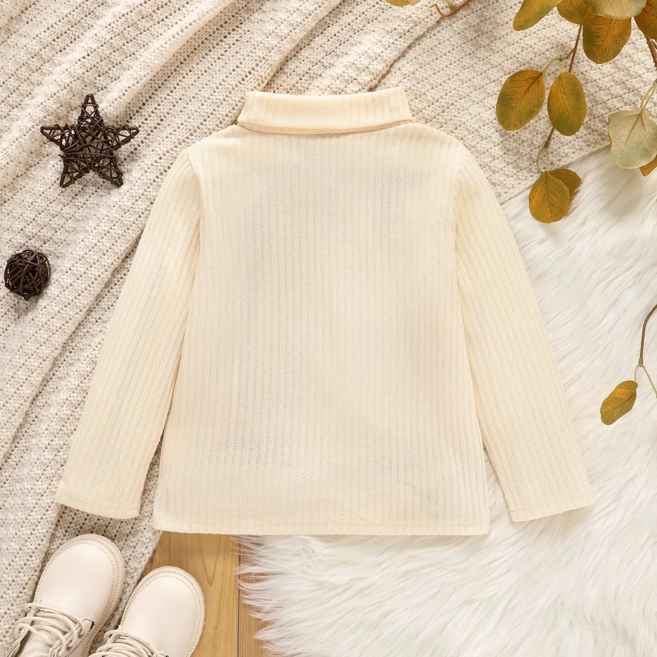 Toddler Girl Turtleneck Ribbed Solid Color Long-sleeve Tee for Spring and Autumn Beige big image 1