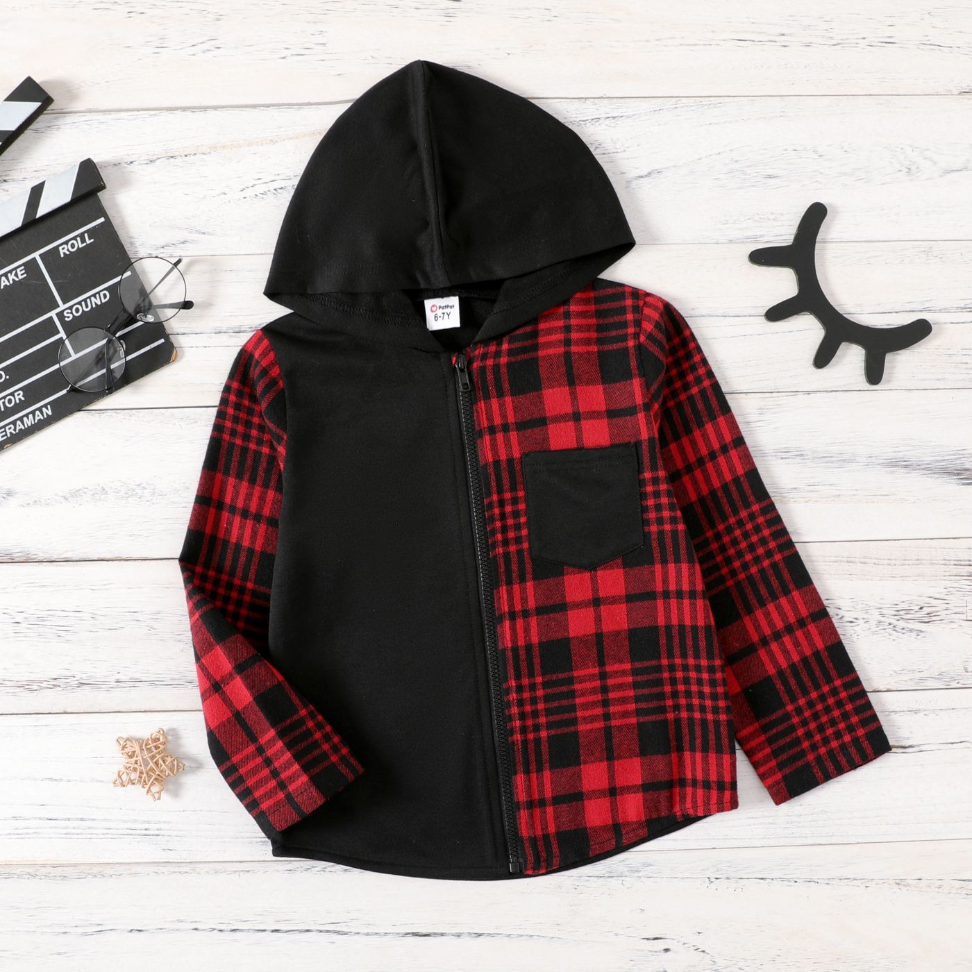 

Kid Boy Striped Webbing Textured Sweatshirt/ Striped Pants/ Plaid Colorblock Hooded Jacket