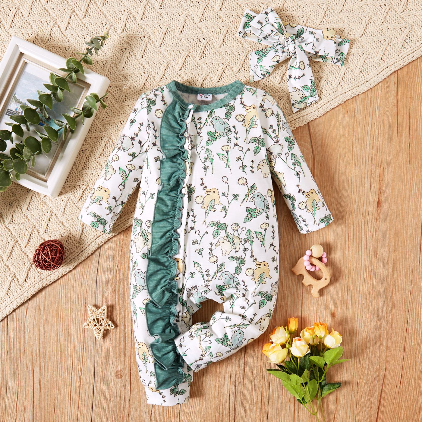 Easter Baby Girl Allover Rabbit and Floral Print Puff-sleeve Ruffle Bowknot Jumpsuit