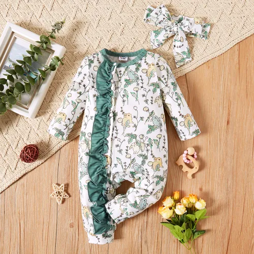 2pcs Baby Girl Ribbed Green / White Rabbit Print Long-sleeve Ruffle Jumpsuit Set