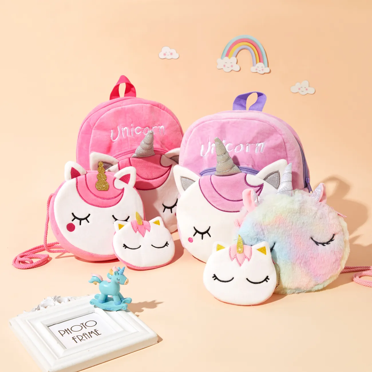 Paquete de 3 mochilas de felpa de unicornio de dibujos animados para niños pequeños, bolso cruzado y conjunto de monedero Púrpura big image 1