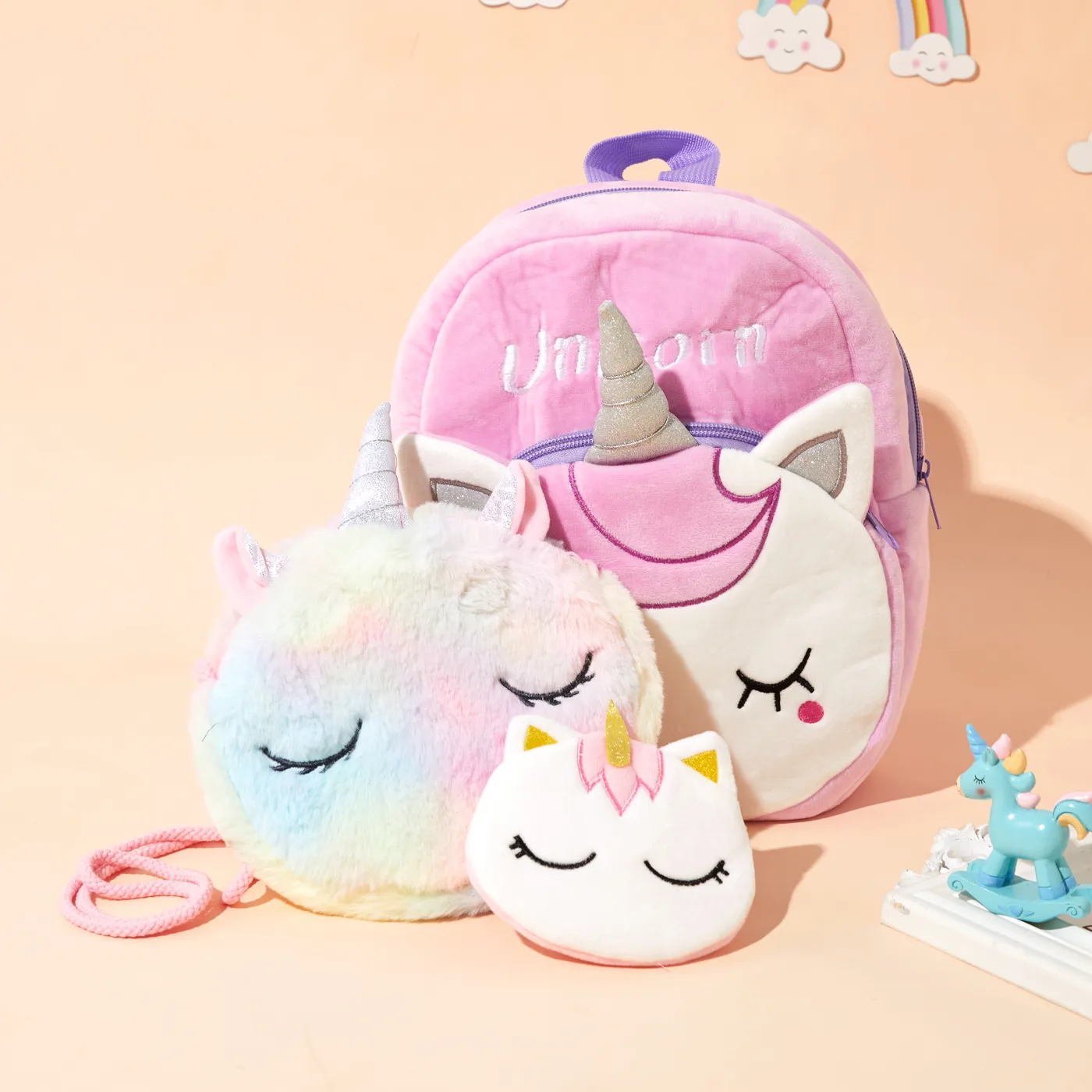 Pacote de 3 mochilas de pelúcia de unicórnio para crianças e conjunto de bolsa e bolsa transversal Bloco de Cor