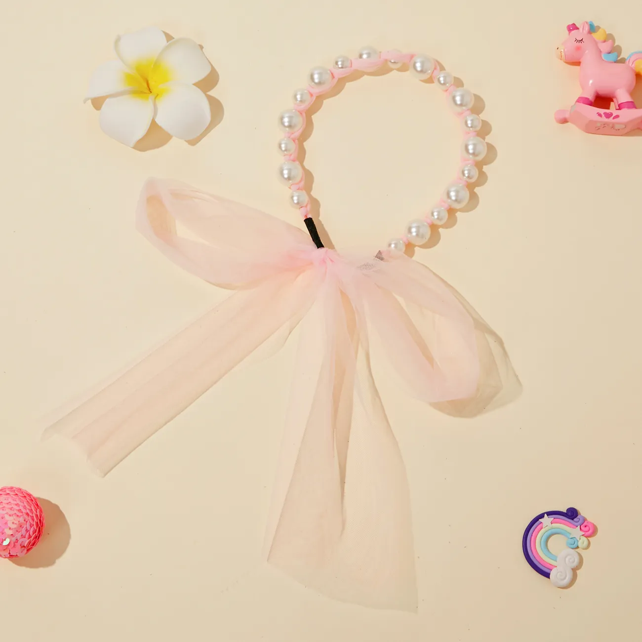Pearl Streamer Long Ribbon Headband for Girls Pink big image 1
