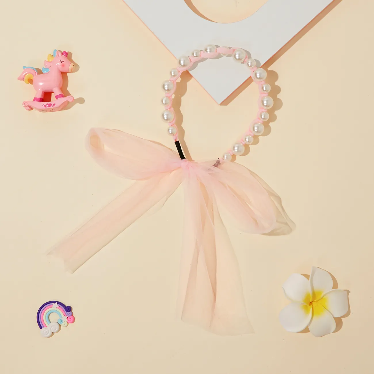 Perlen-Streamer-Stirnband mit langem Band für Mädchen rosa big image 1