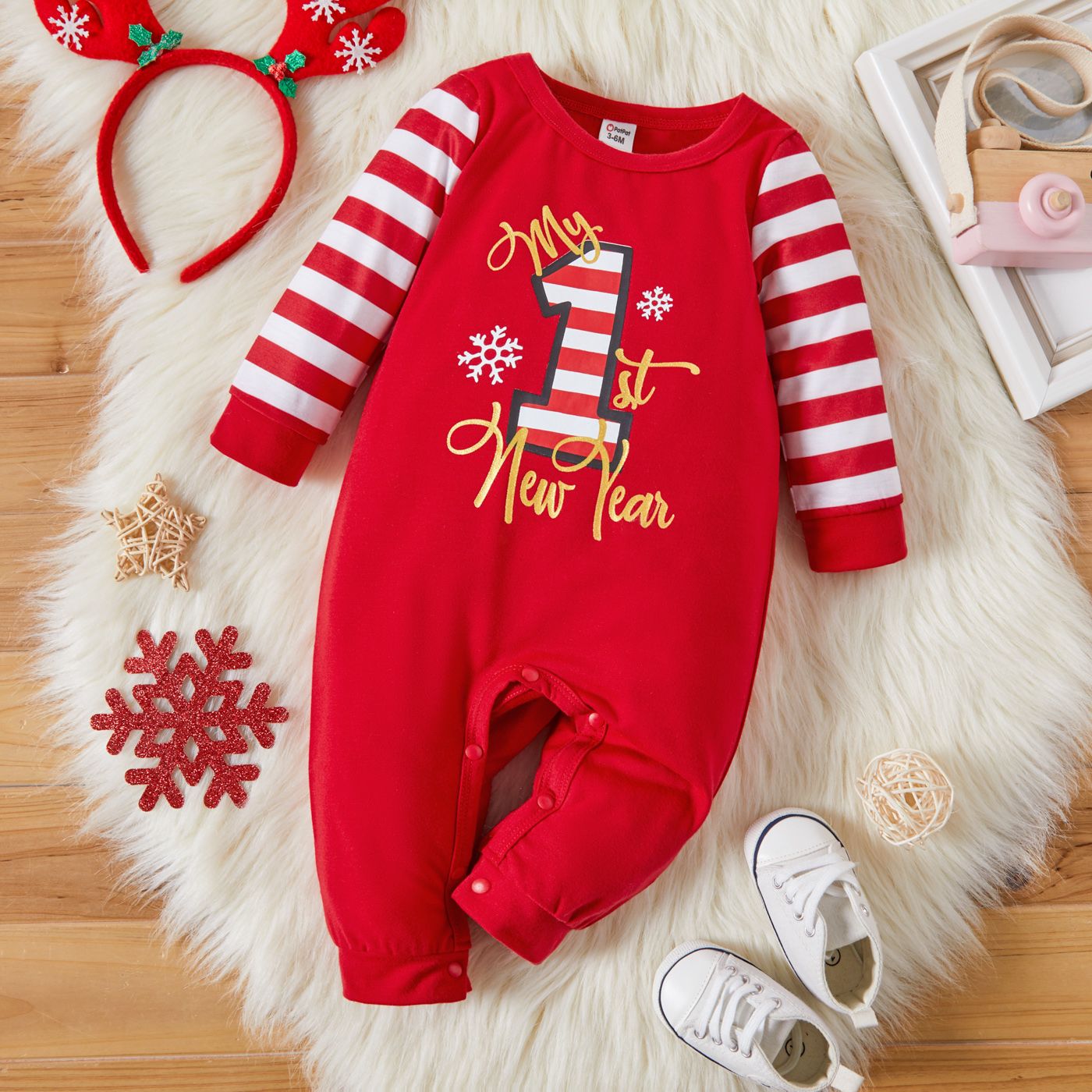 

New Year Baby Boy/Girl Letter Print Red Striped Long-sleeve Jumpsuit