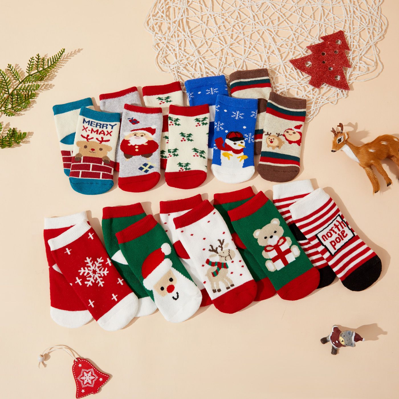 5 件裝聖誕嬰兒/幼兒冬季厚毛圈防滑襪