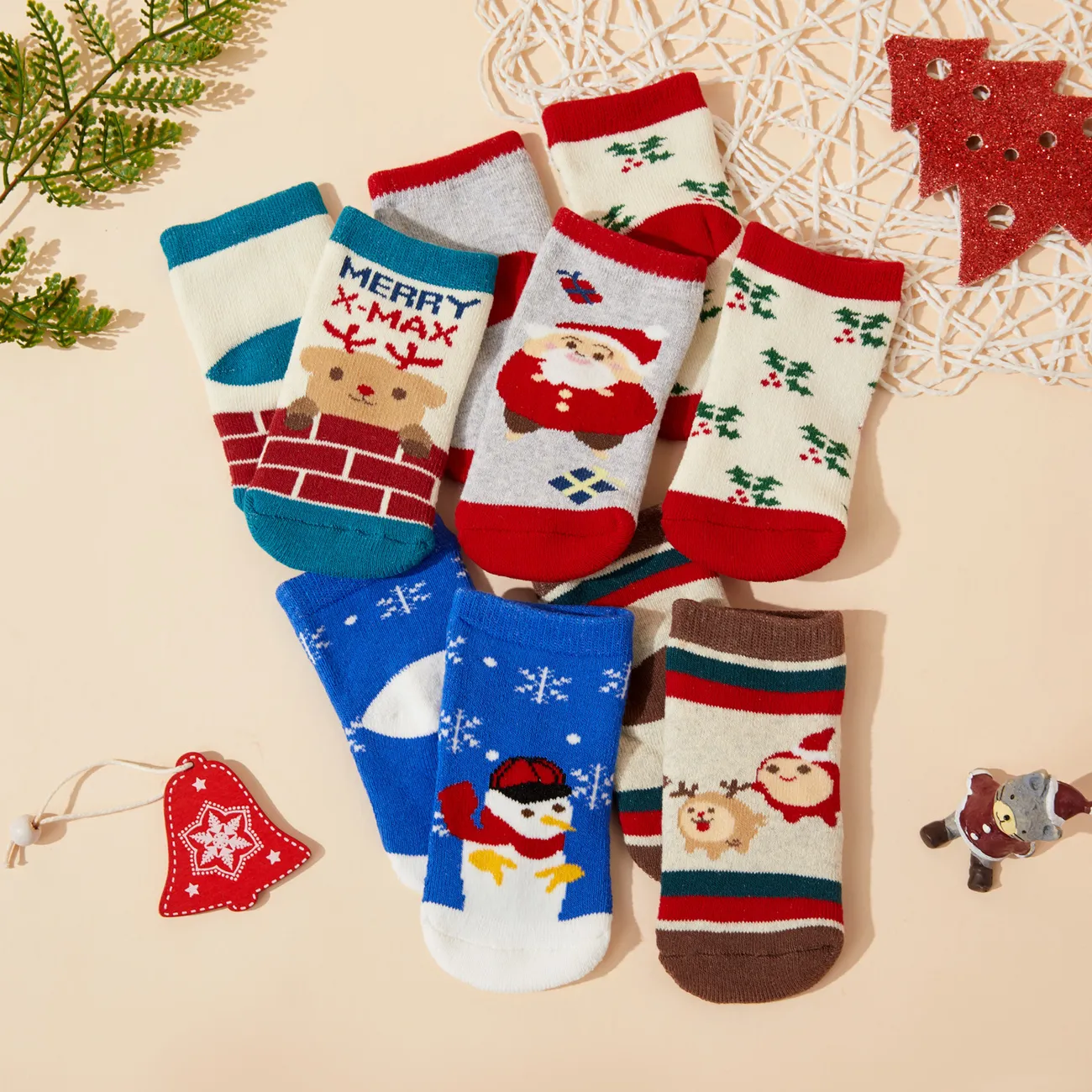 Lot de 5 chaussettes d'hiver en éponge épaisse pour bébé / tout-petit de Noël Multicolore big image 1