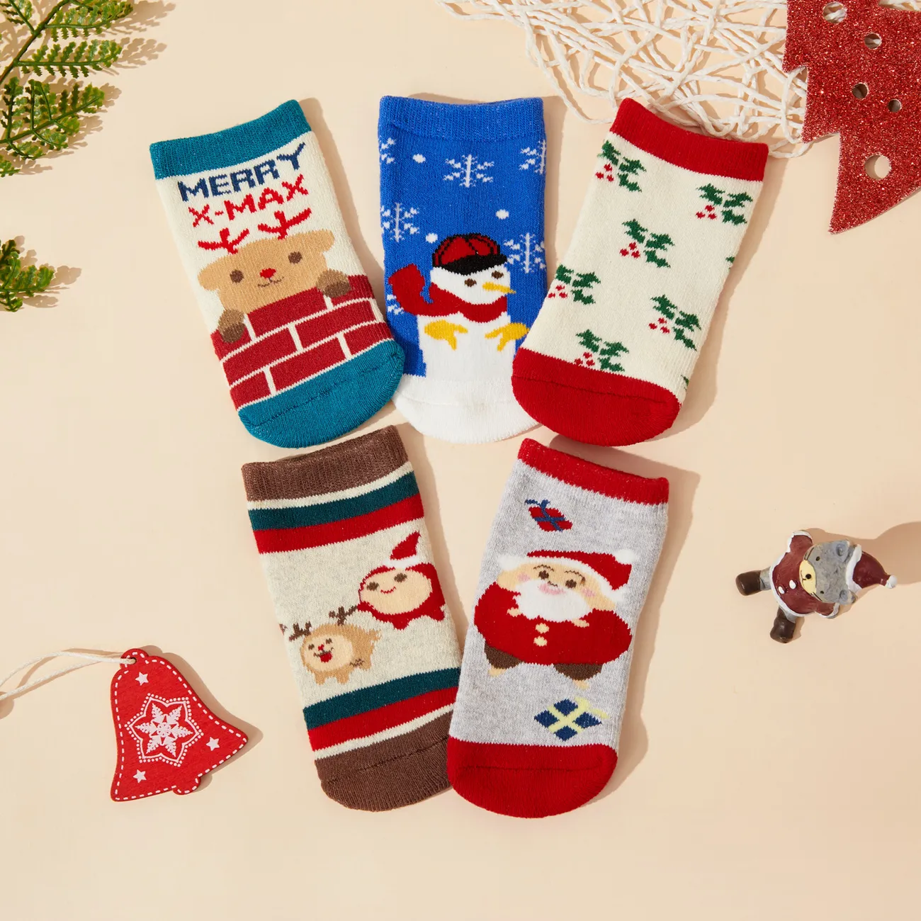 Conjunto de 5 meias antiderrapantes de Natal para bebê / criança de inverno de inverno grosso Multicolorido big image 1