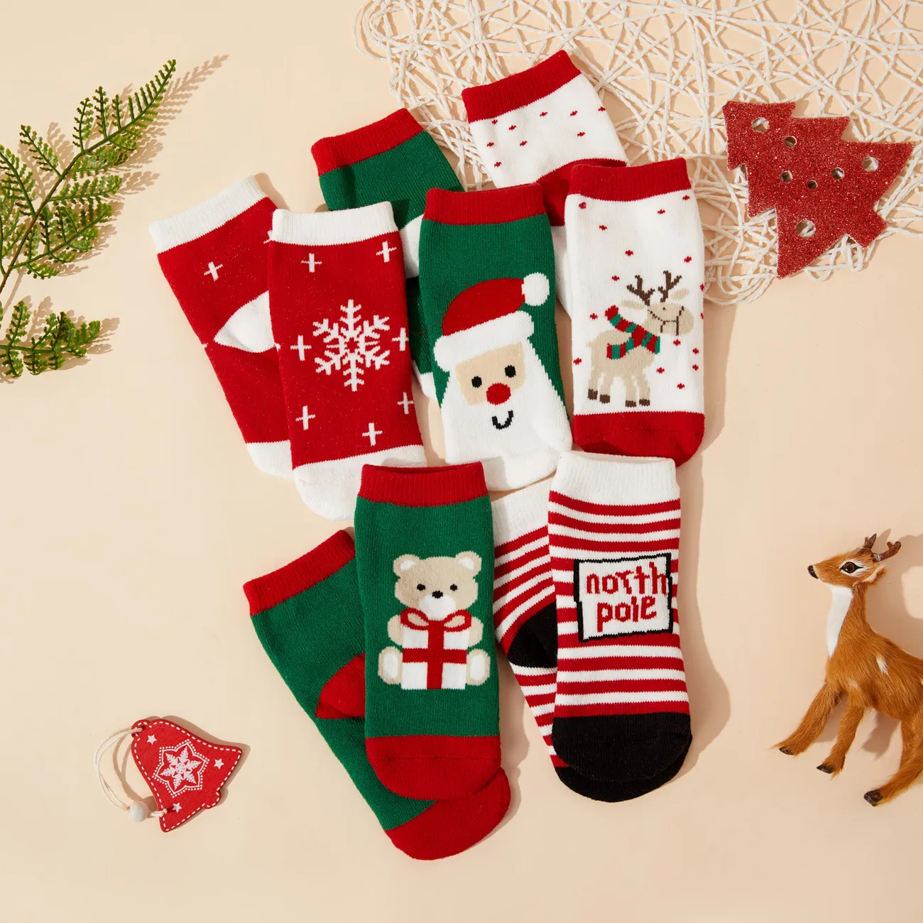 5 件裝聖誕嬰兒/幼兒冬季厚毛圈防滑襪 紅色 big image 1