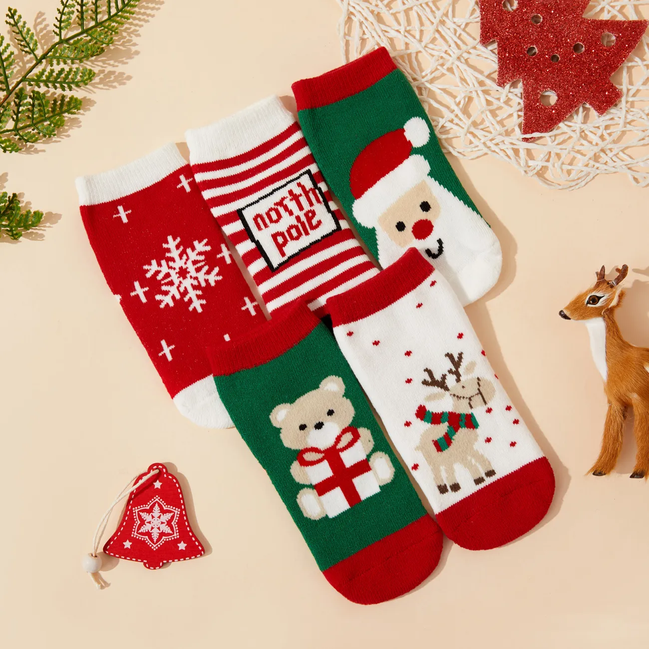 5er-Pack Weihnachten Baby / Kleinkind Winter dicke Frottee rutschfeste Socken rot big image 1