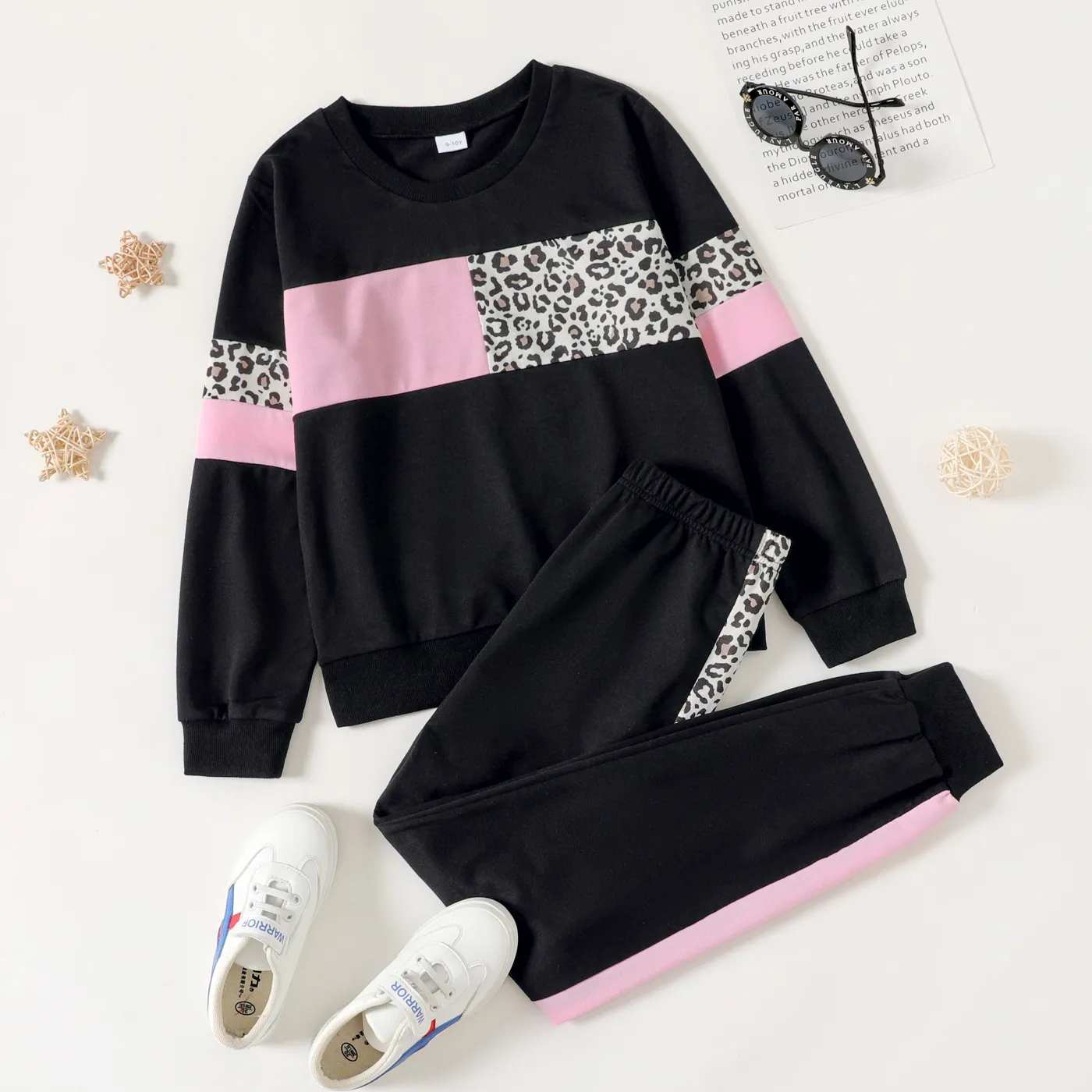 2-piece Kid Girl Leopard Print Colorblock Pullover Sweatshirt and Pants Casual Set