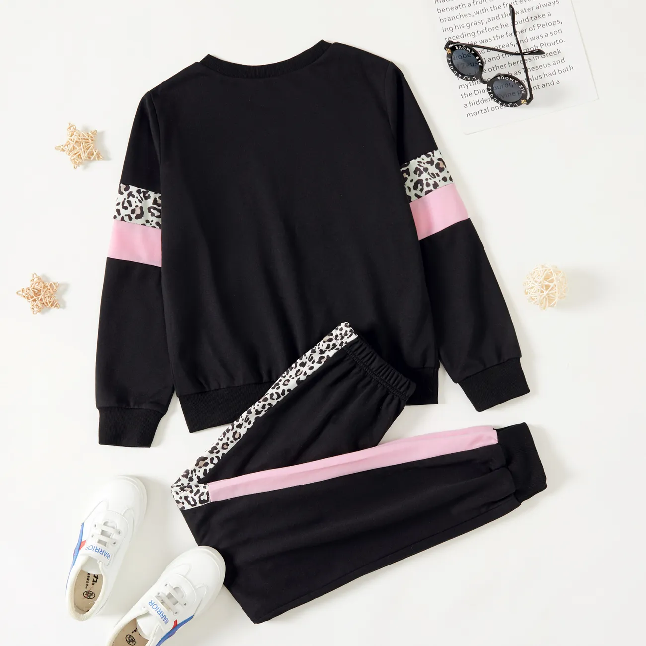 2-piece Kid Girl Leopard Print Colorblock Pullover Sweatshirt and Pants Casual Set Black big image 1