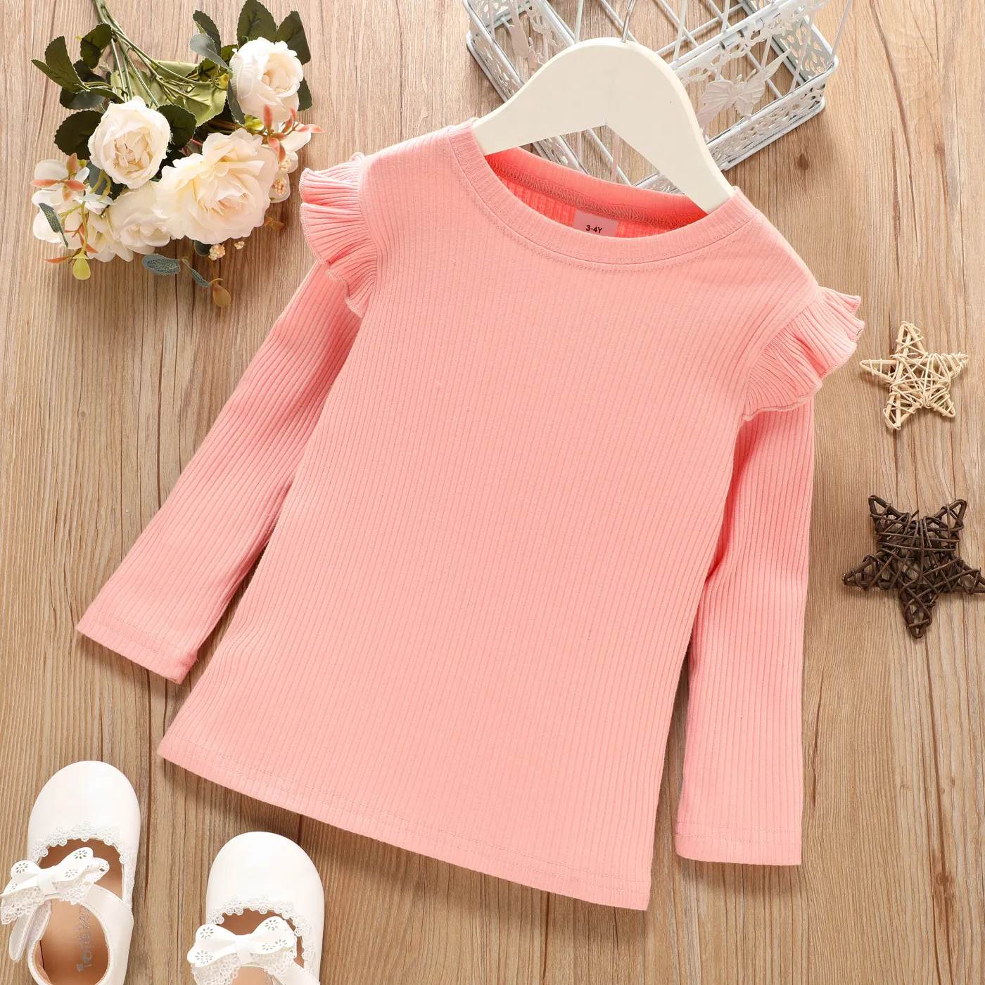 Toddler Girl Ruffled Casual Solid Ribbed Long-sleeve Top Pink big image 1