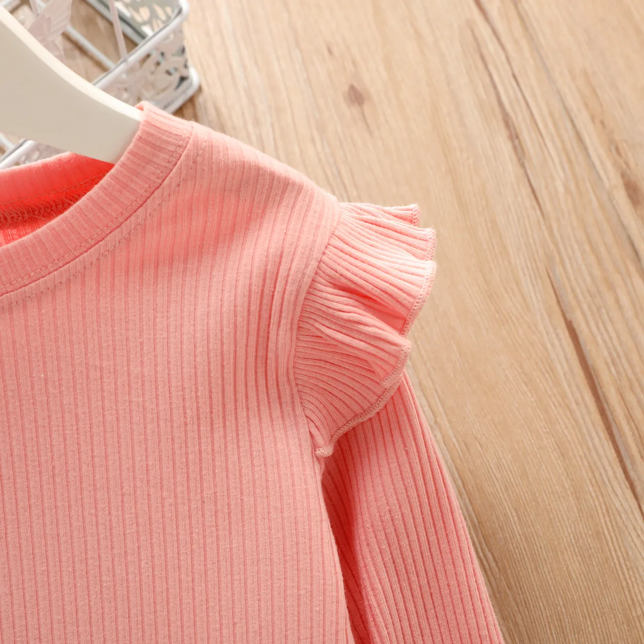 Toddler Girl Ruffled Casual Solid Ribbed Long-sleeve Top Pink big image 1