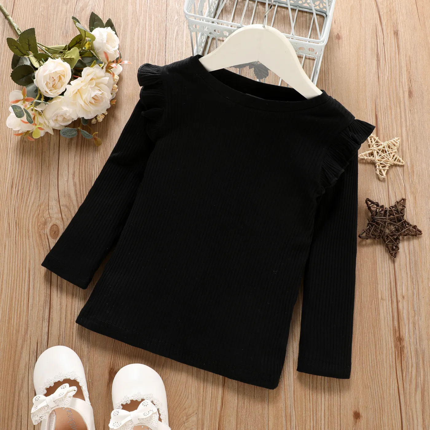 Toddler Girl Ruffled Casual Solid Ribbed Long-sleeve Top Black