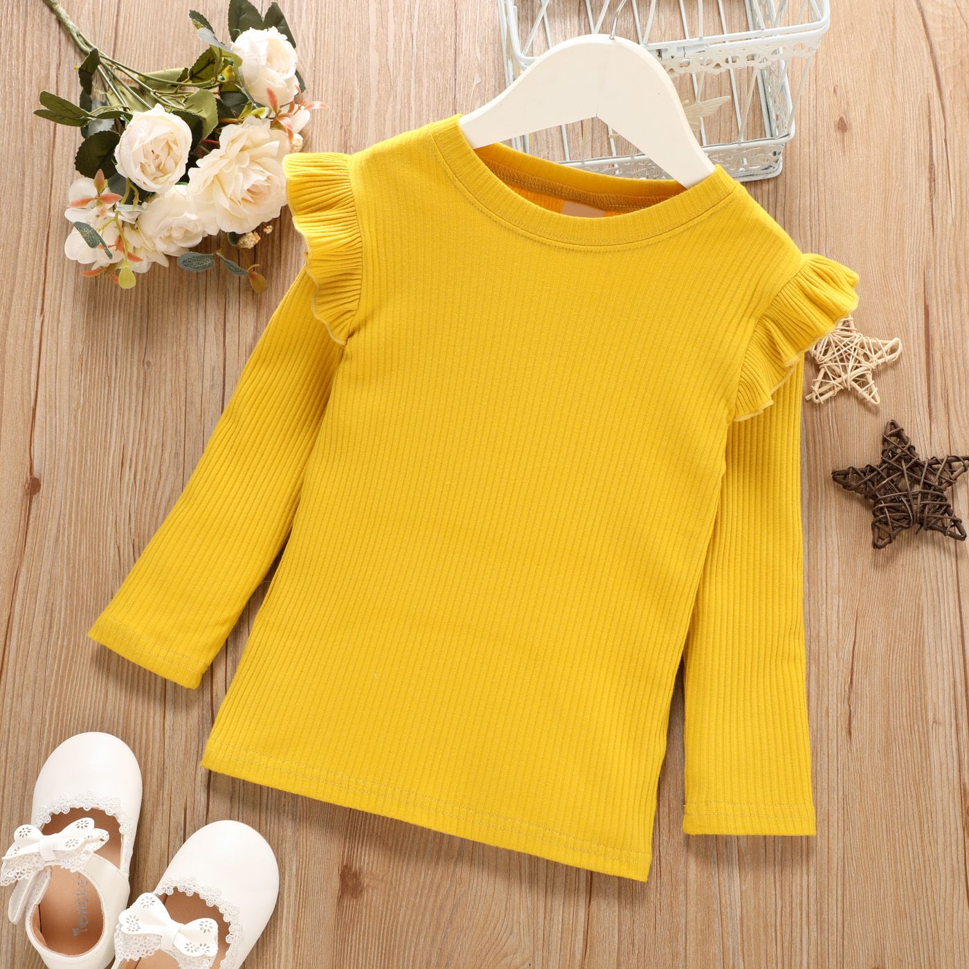 Toddler Girl Ruffled Casual Solid Ribbed Long-sleeve Top