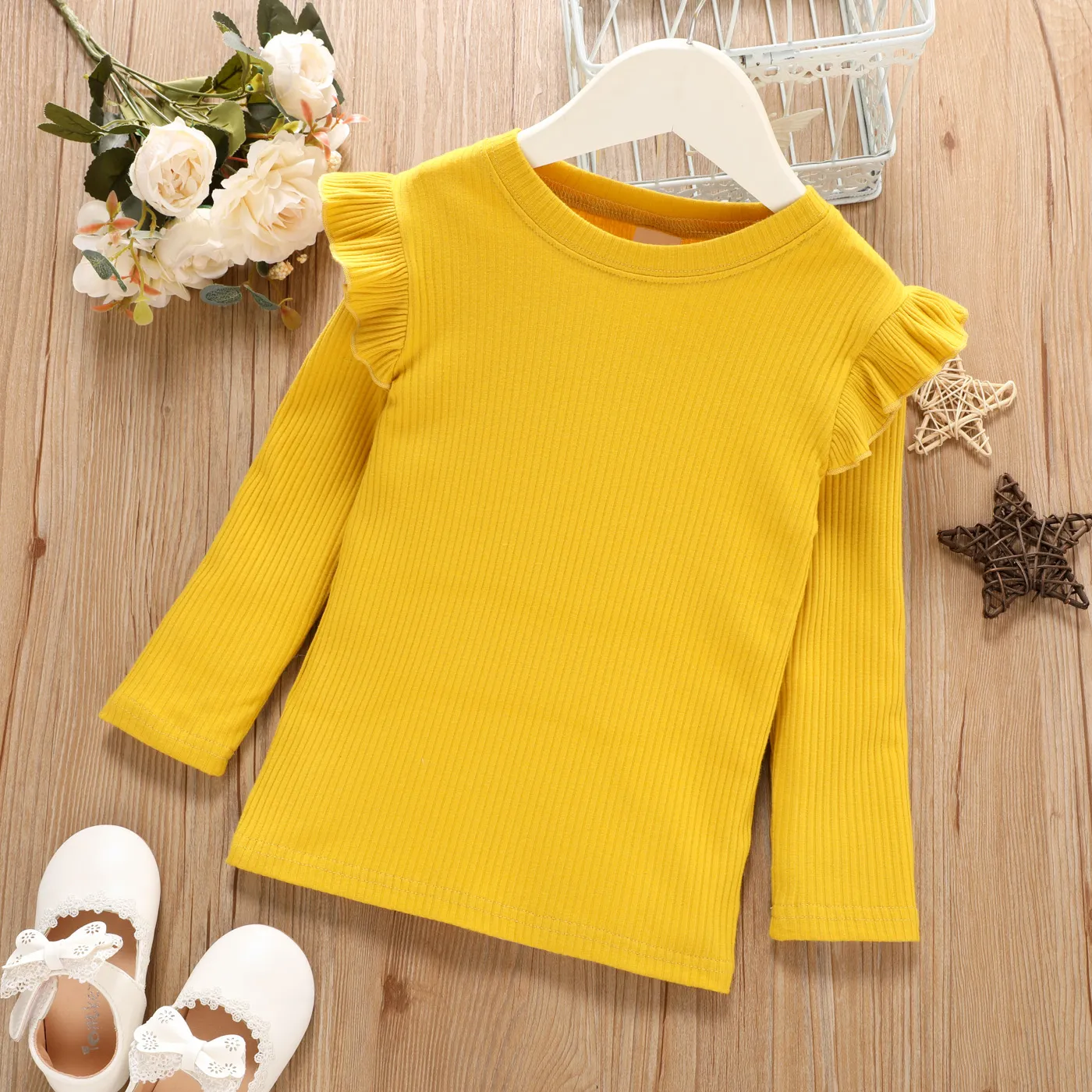 Toddler Girl Ruffled Casual Solid Ribbed Long-sleeve Top Ginger