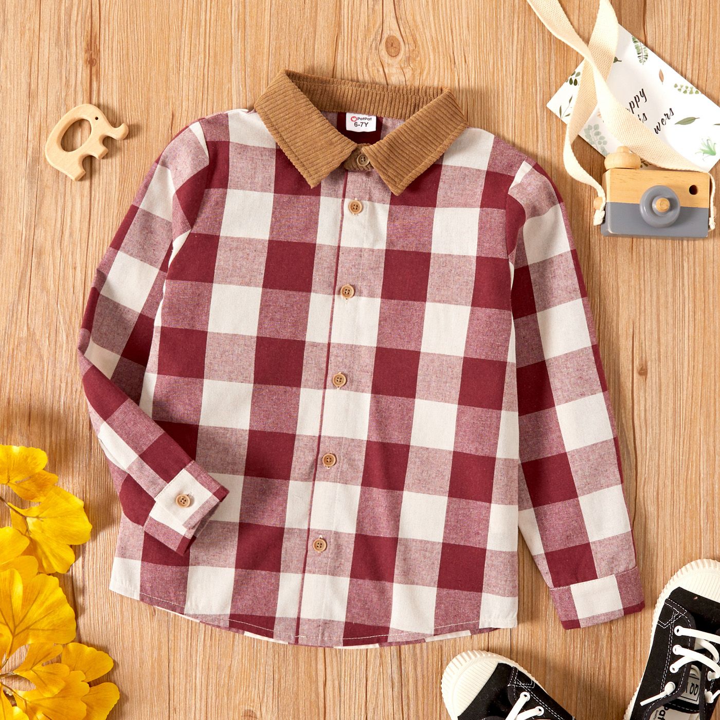 

Kid Boy Lapel Collar Button Design Plaid Long-sleeve Shirt