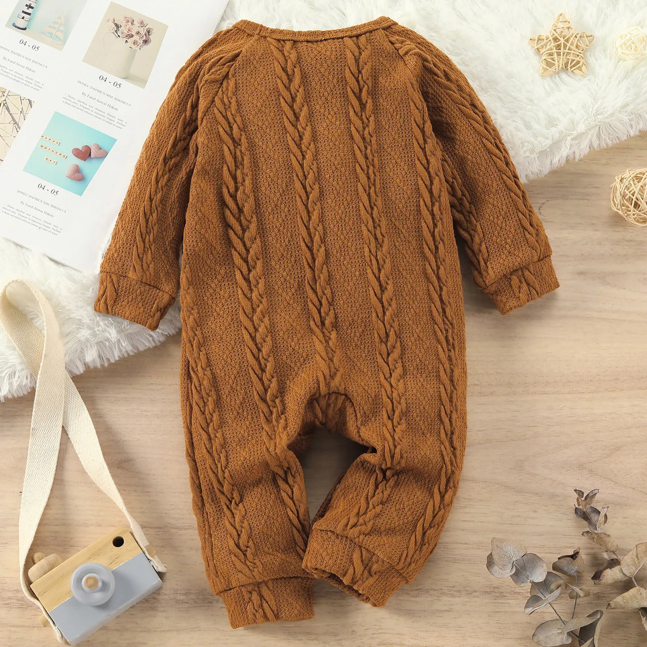 Baby Boy/Girl Solid Cable Knit Long-sleeve Jumpsuit Brown big image 1