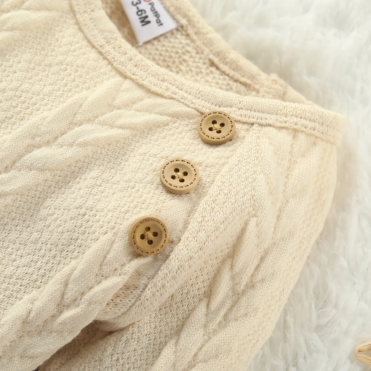 Baby Boy/Girl Solid Cable Knit Long-sleeve Jumpsuit Apricot big image 1