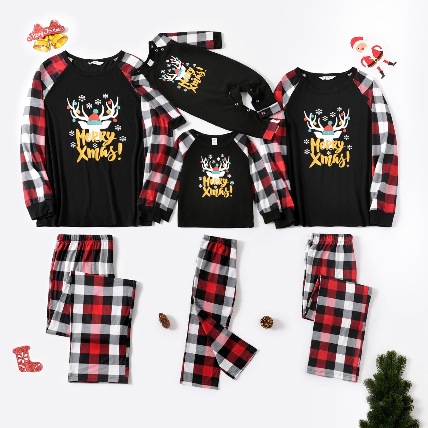 

Christmas Reindeer and Letter Print Black Family Matching Raglan Long-sleeve Plaid Pajamas Sets (Flame Resistant)
