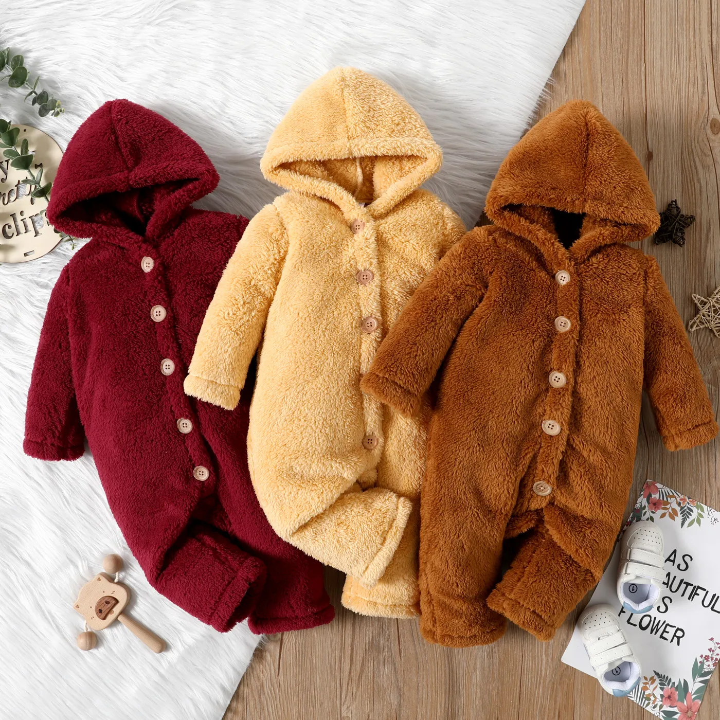 Baby Girl Solid Thickened Fuzzy Fleece Long-sleeve Hooded Jumpsuit