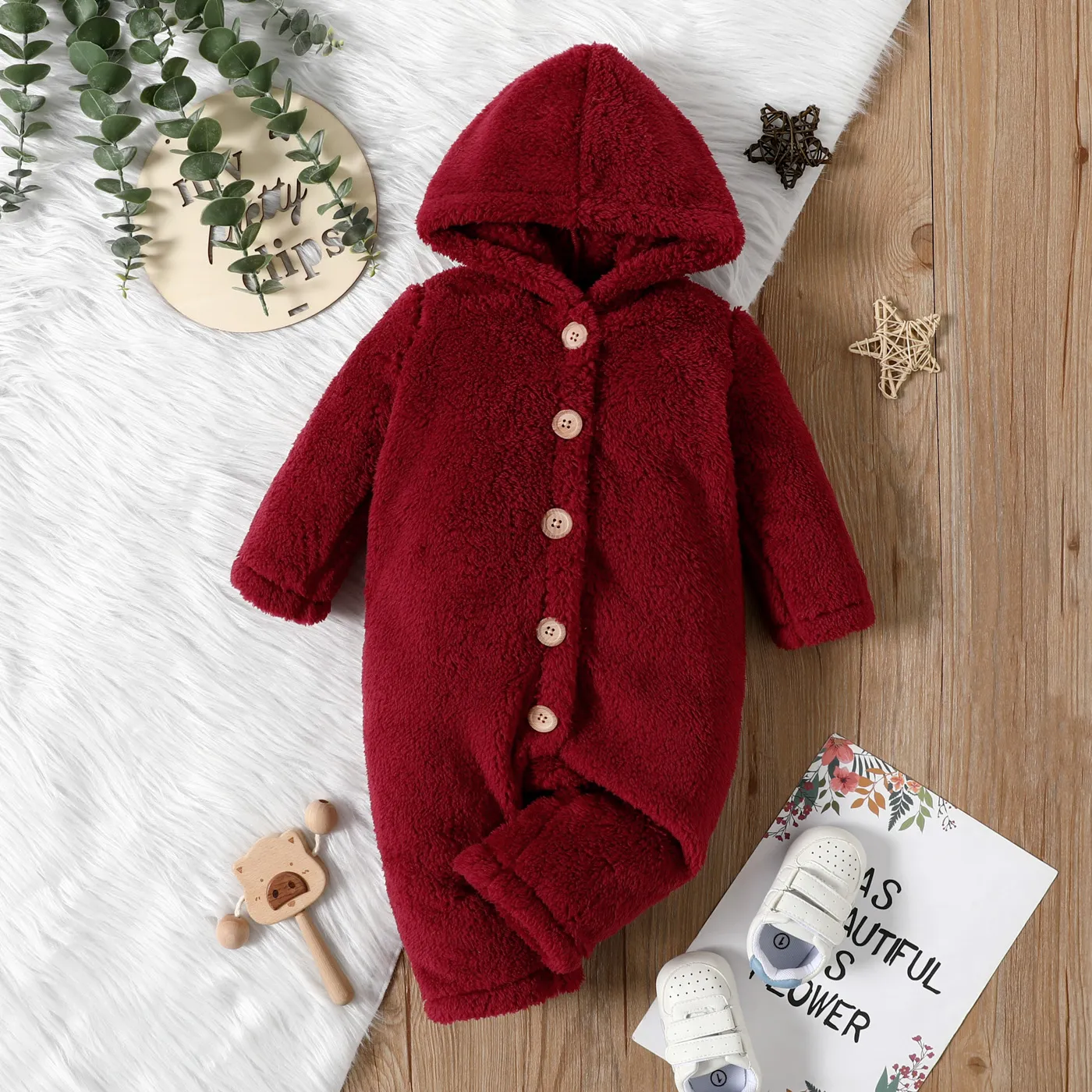 Baby Girl Solid Thickened Fuzzy Fleece Long-sleeve Hooded Jumpsuit Burgundy big image 1