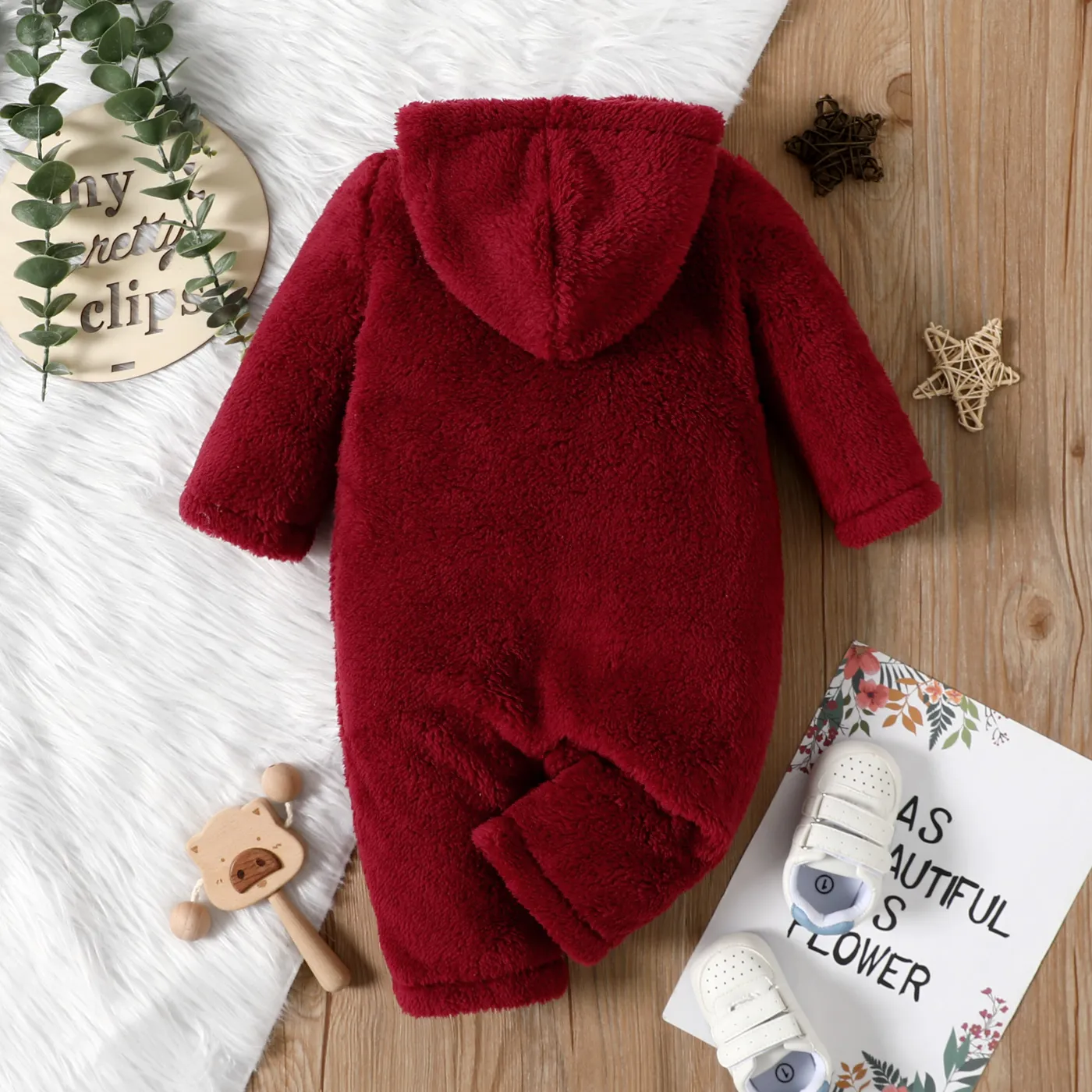 Baby Girl Solid Thickened Fuzzy Fleece Long-sleeve Hooded Jumpsuit Burgundy image 2