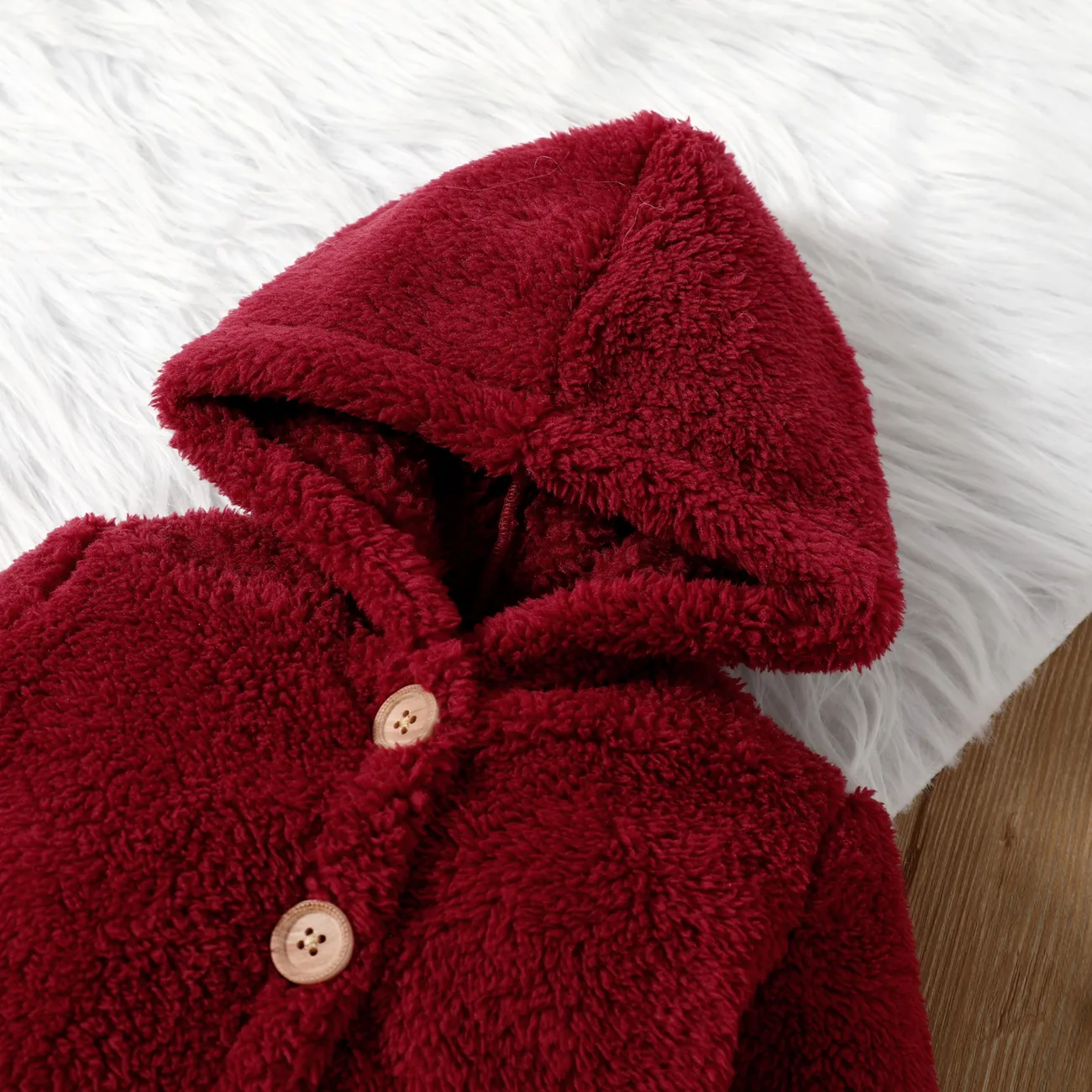Baby Girl Solid Thickened Fuzzy Fleece Long-sleeve Hooded Jumpsuit Burgundy big image 1