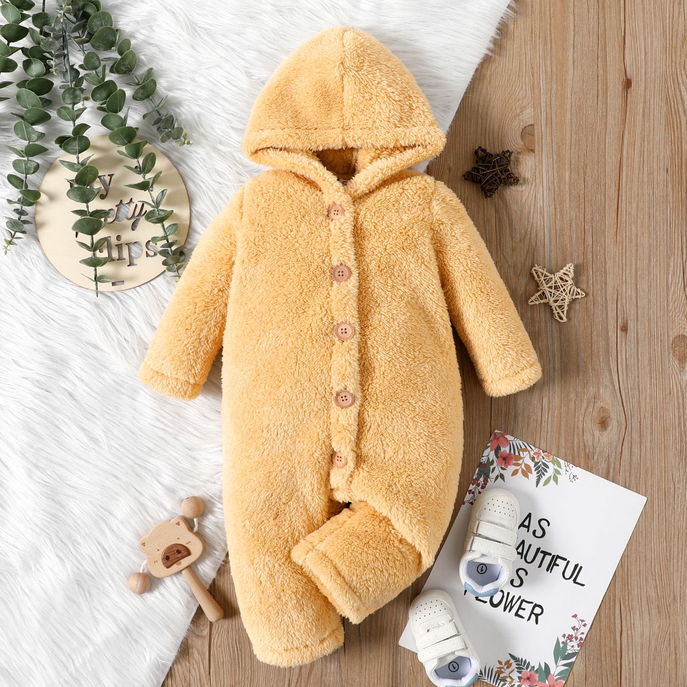 Baby Girl Solid Thickened Fuzzy Fleece Long-sleeve Hooded Jumpsuit