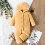 Baby Girl Solid Thickened Fuzzy Fleece Long-sleeve Hooded Jumpsuit Apricot