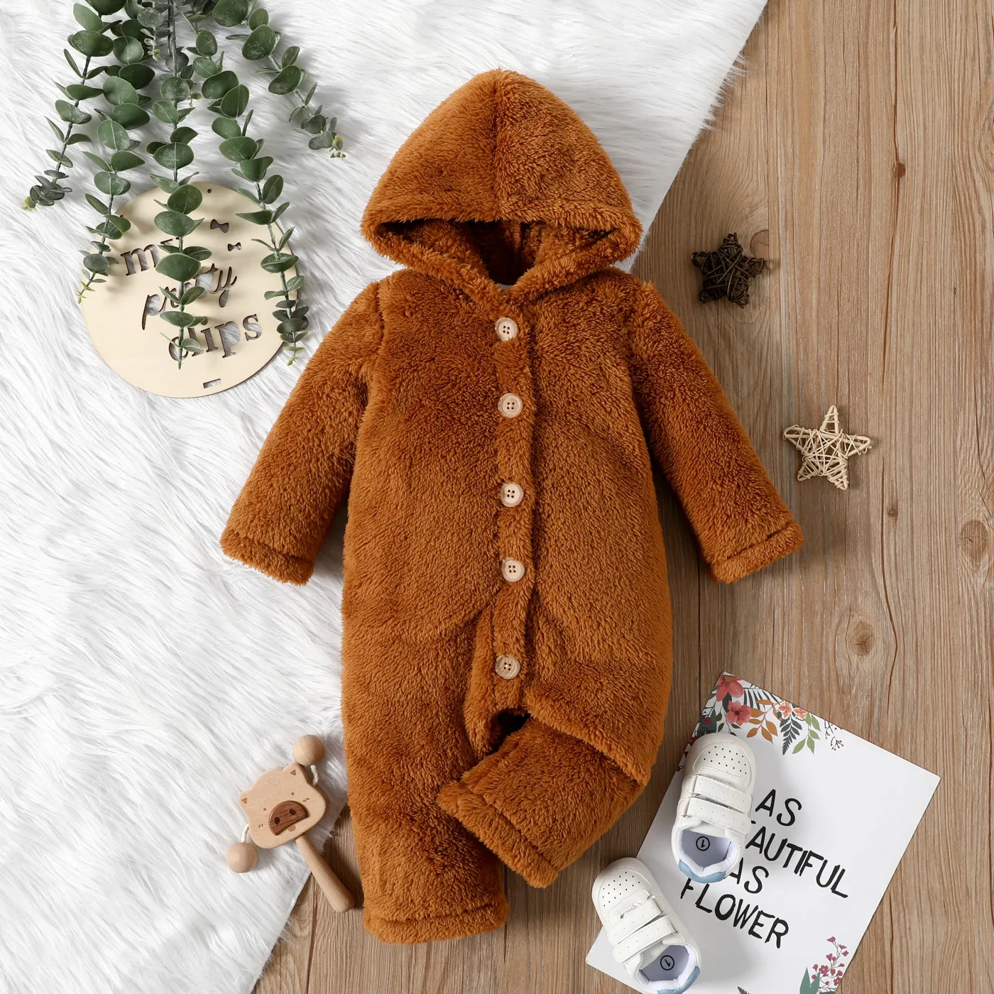Baby Girl Solid Thickened Fuzzy Fleece Long-sleeve Hooded Jumpsuit Brown