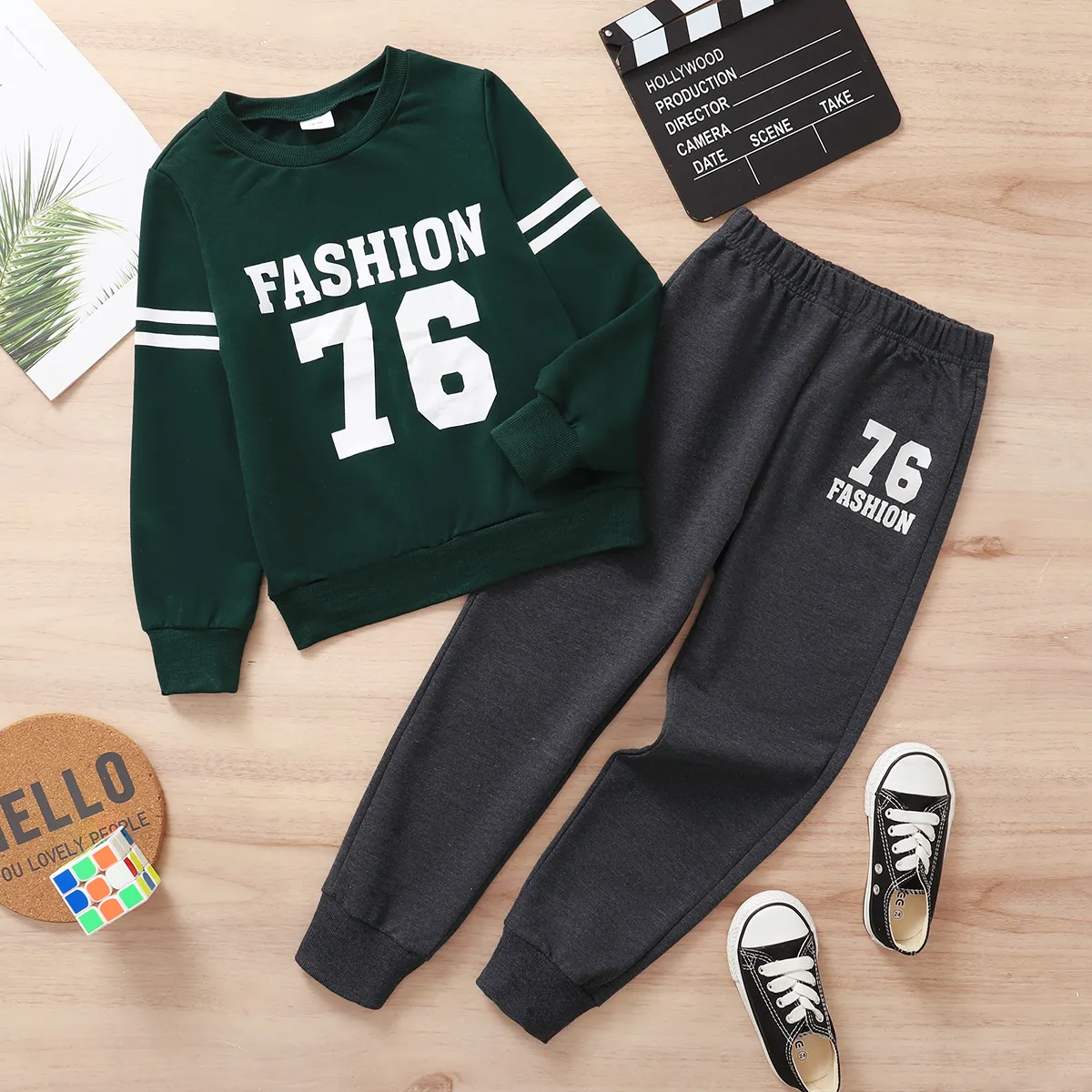 

2-piece Kid Boy Letter Number Print Brick Red Pullover and Grey Pants Set