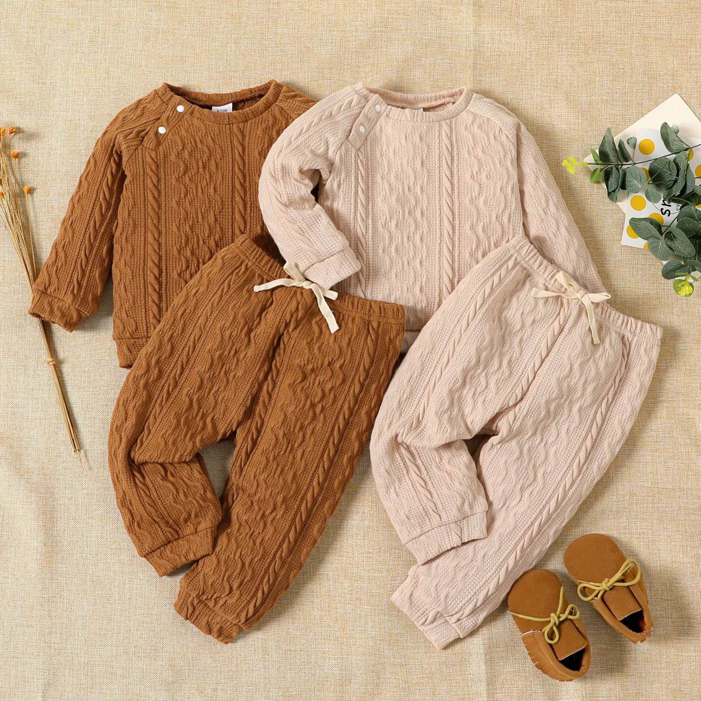 Baby Boy/Girl Solid Long-sleeve Top and Trousers Set Beige image 2
