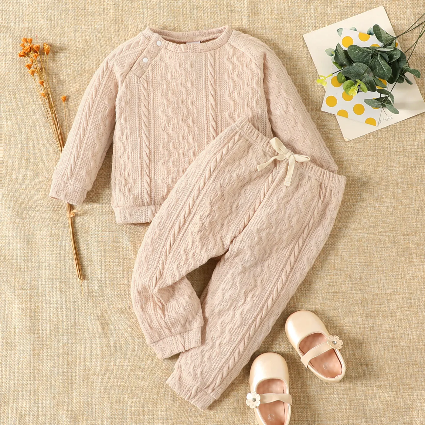 Baby Boy/Girl Solid Long-sleeve Top and Trousers Set Beige big image 1