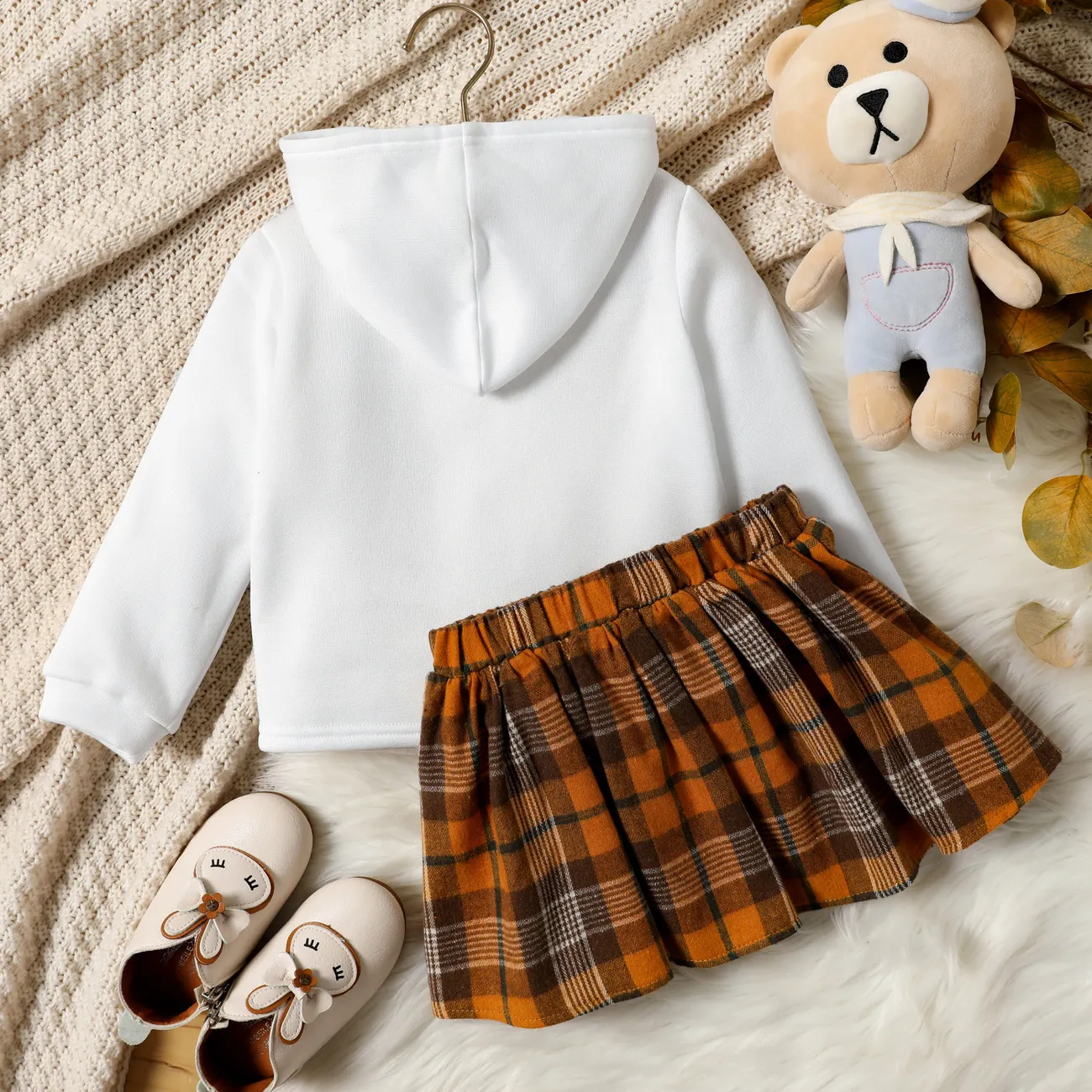 2-قطعة طفلة صغيرة الدب المطرزة هوديي البلوز ومجموعة تنورة منقوشة أبيض big image 1