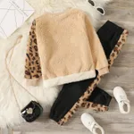 2-piece Kid Girl Leopard Print Colorblock Fuzzy Pullover Sweatshirt and Fleece Lined Pants Casual Set Khaki image 6