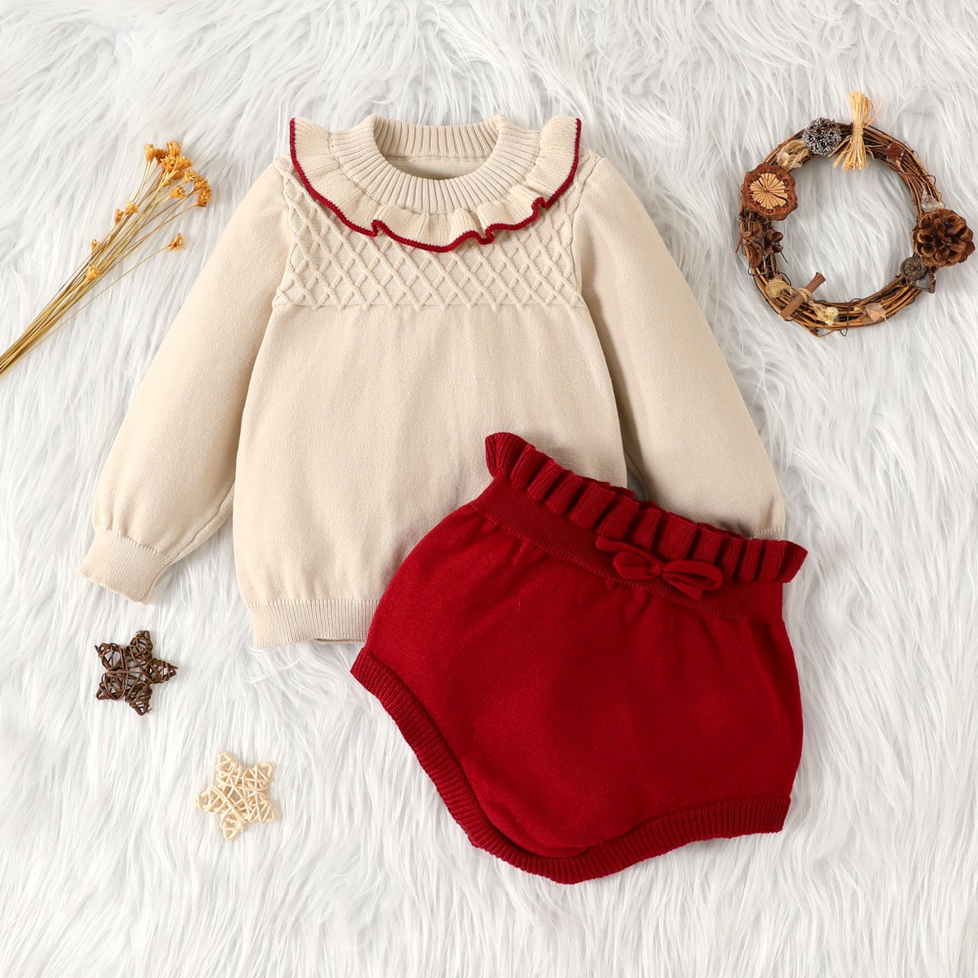 2pcs Baby Solid Long-sleeve Ruffle Knitted Sweater Pullover And Shorts Set