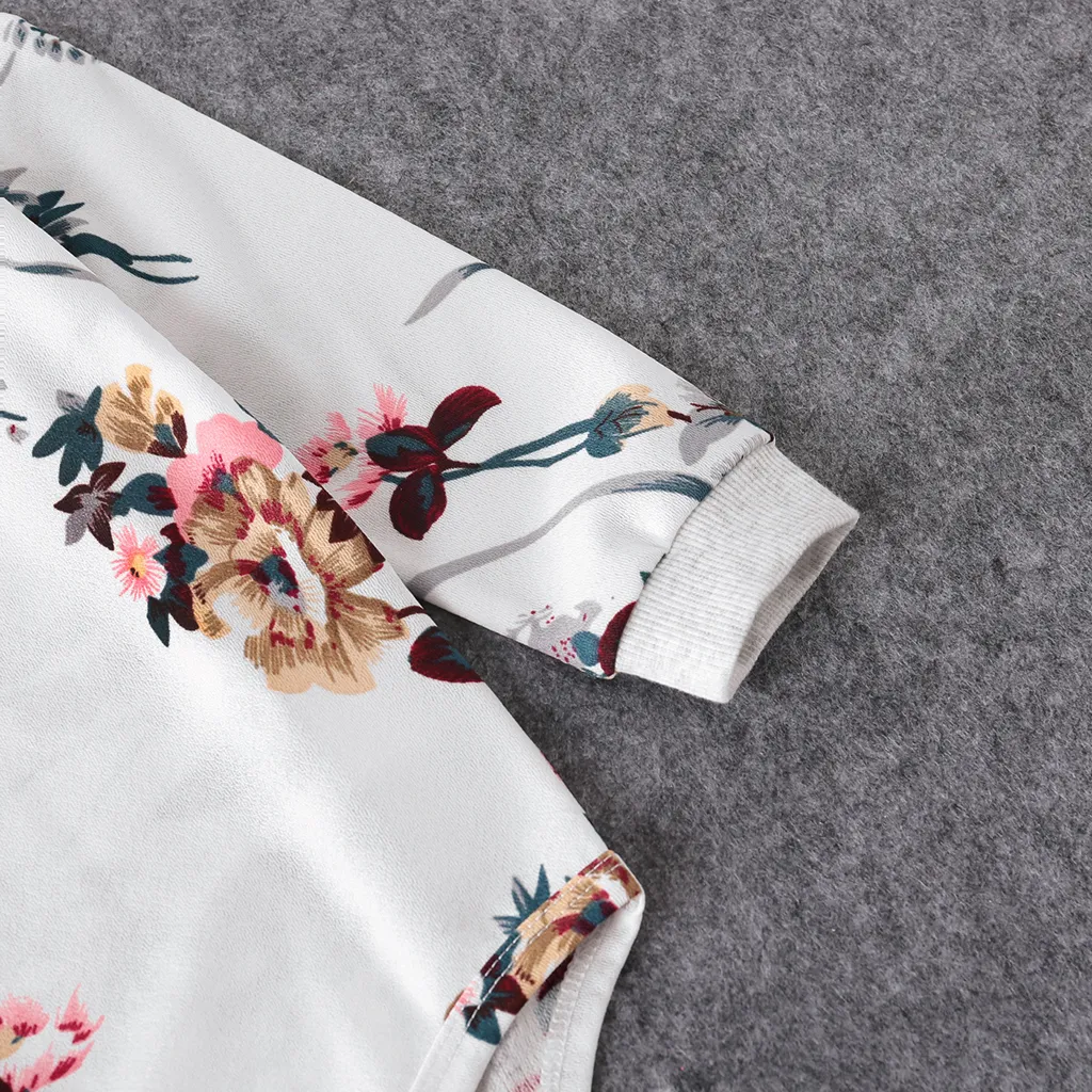 Floral Print Crewneck Drop Shoulder Long-sleeve Tops for Mom and Me White big image 1