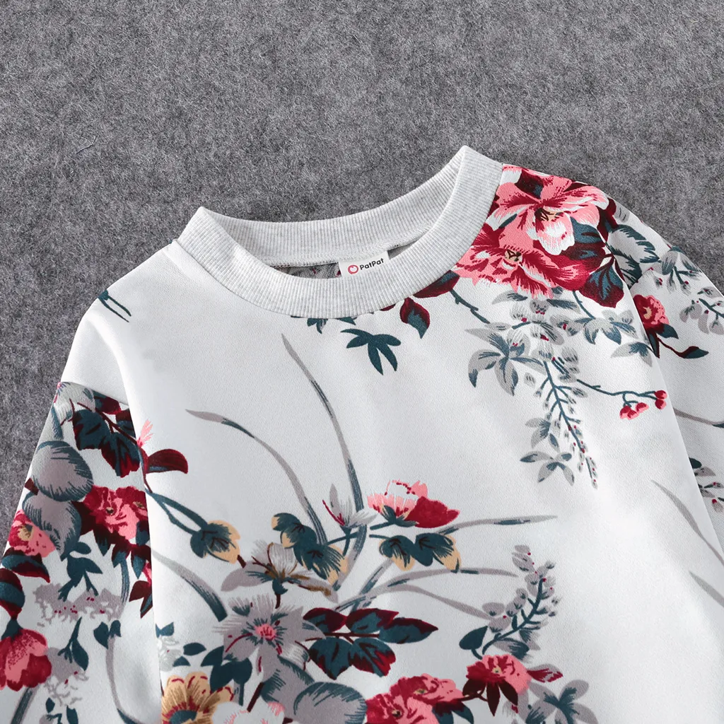 Floral Print Crewneck Drop Shoulder Long-sleeve Tops for Mom and Me White image 3