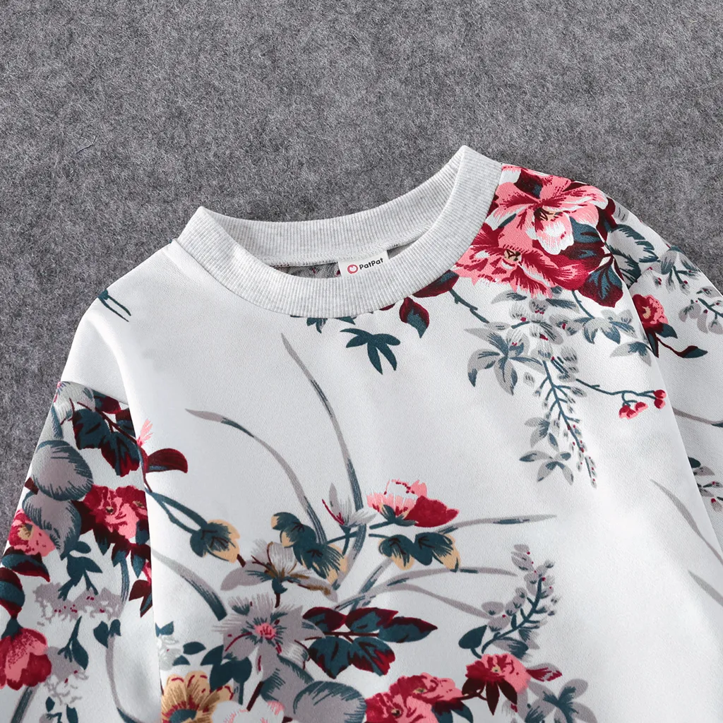 Floral Print Crewneck Drop Shoulder Long-sleeve Tops for Mom and Me White big image 1