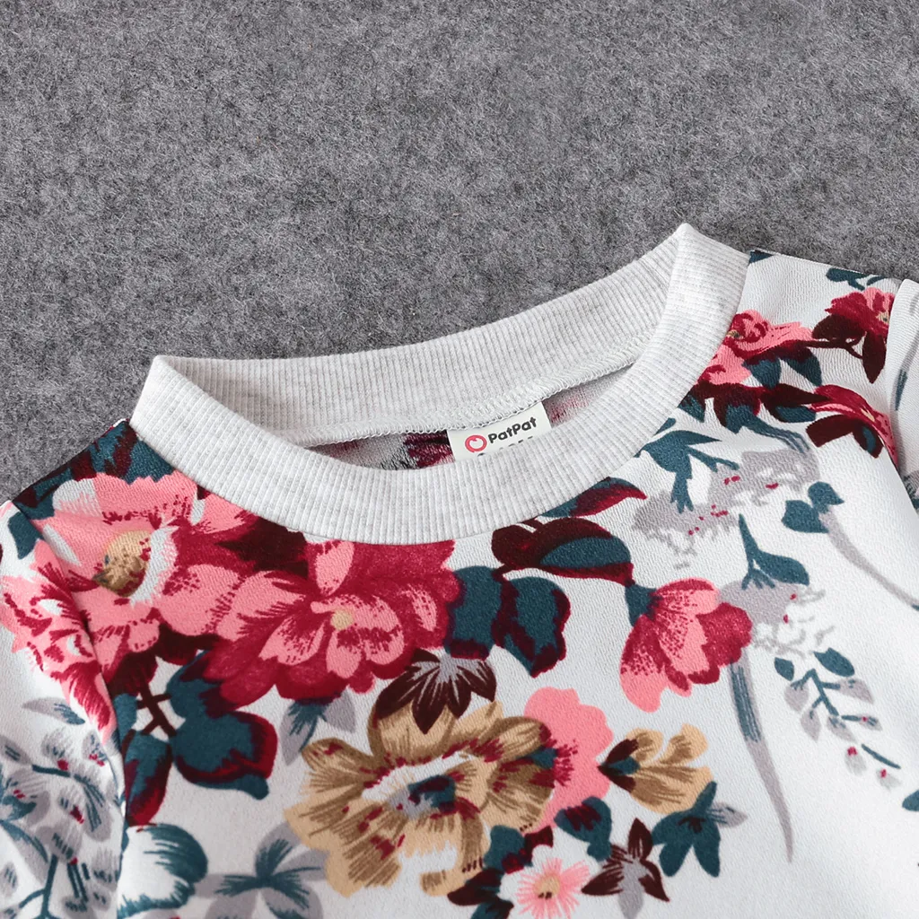 Floral Print Crewneck Drop Shoulder Long-sleeve Tops for Mom and Me White image 3
