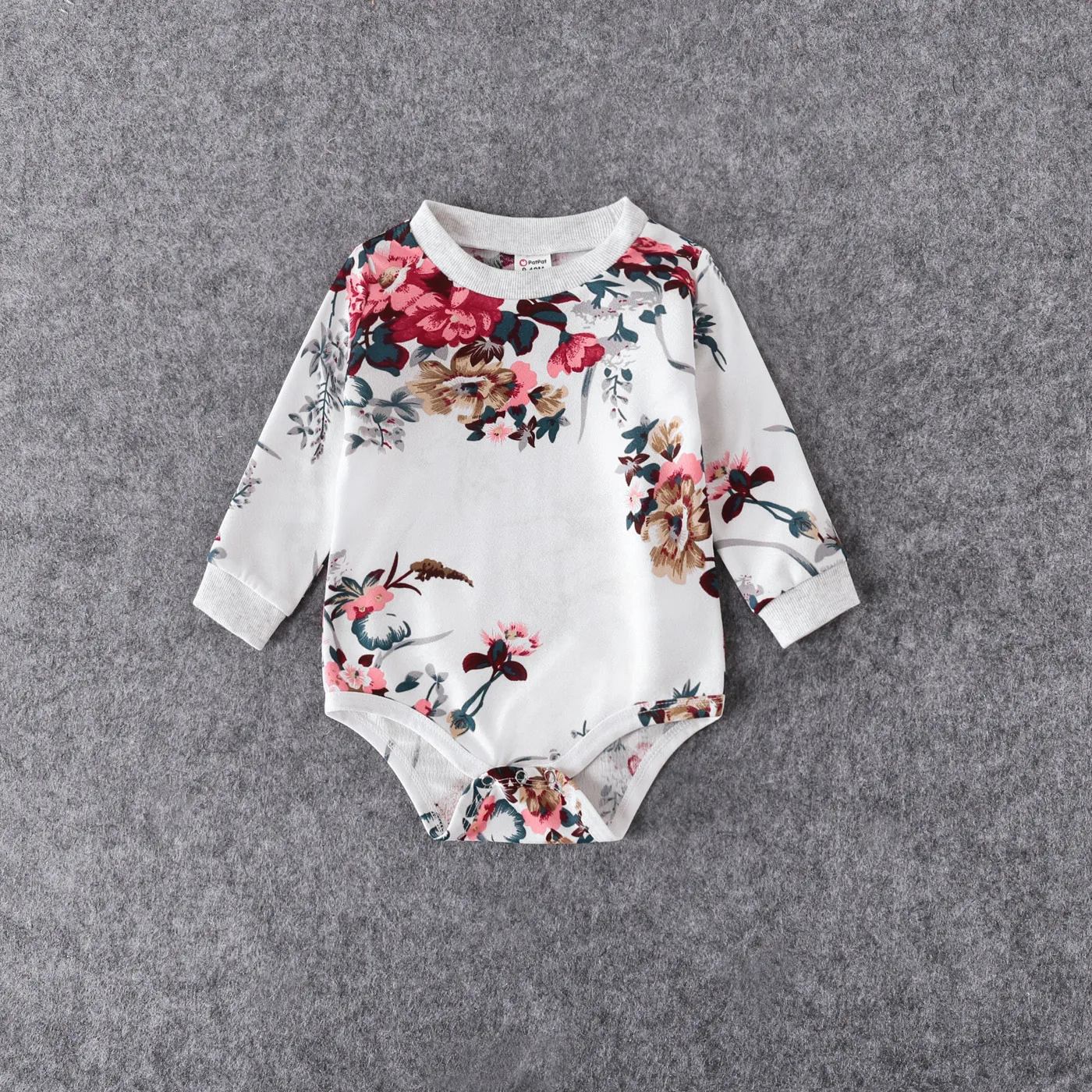 Floral Print Crewneck Drop Shoulder Long-sleeve Tops for Mom and Me White big image 1
